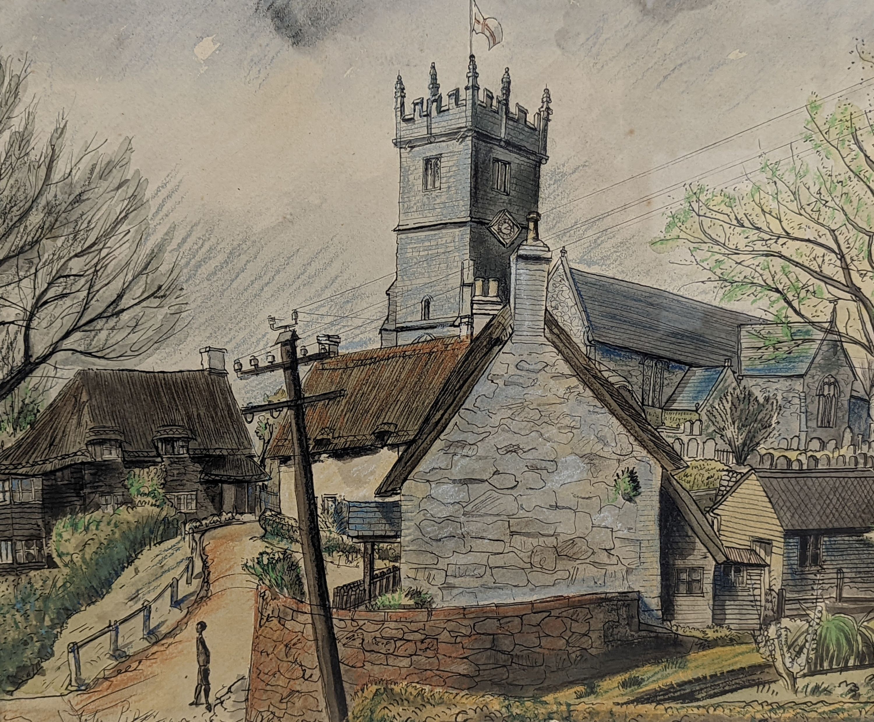 Attributed to John Piper, ink and pastel, Village scene, bears signature, 34 x 42cm